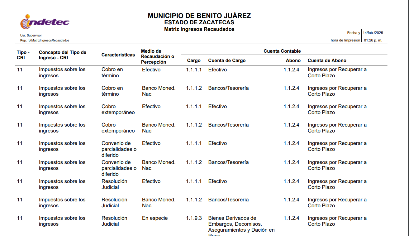 Imagen de MATRIZ DE INGRESOS RECAUDADOS