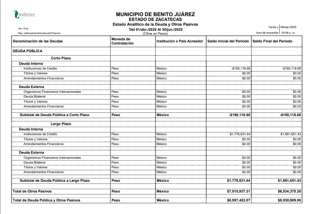 Imagen de ESTADO ANALITICO DE DEUDA Y OTROS PASIVOS