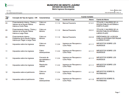 Imagen de MATRIZ DE INGRESOS DEVENGADOS