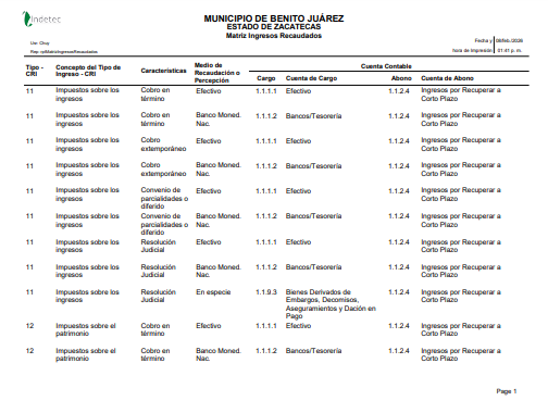 Imagen de MATRIZ DE INGRESOS RECAUDADOS